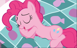 Size: 1497x941 | Tagged: safe, screencap, character:pinkie pie, species:earth pony, species:pony, episode:the one where pinkie pie knows, g4, my little pony: friendship is magic, cropped, cute, diapinkes, eyes closed, female, hooves behind head, laying on bed, lying down, mare, open mouth, smiling, solo