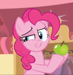 Size: 907x938 | Tagged: safe, screencap, character:pinkie pie, species:earth pony, species:pony, episode:the one where pinkie pie knows, g4, my little pony: friendship is magic, apple, cropped, female, food, holding, lidded eyes, mare, raised eyebrow, smiling, solo