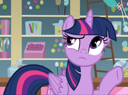 Size: 1226x914 | Tagged: safe, screencap, character:twilight sparkle, character:twilight sparkle (alicorn), species:alicorn, species:pony, episode:the one where pinkie pie knows, g4, my little pony: friendship is magic, cropped, cute, cutie mark, female, frown, mare, raised eyebrow, raised hoof, solo, thinking