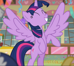 Size: 1050x940 | Tagged: safe, screencap, character:twilight sparkle, character:twilight sparkle (alicorn), species:alicorn, species:pony, episode:the one where pinkie pie knows, g4, my little pony: friendship is magic, cropped, cute, eyes closed, rearing, smiling, solo focus, spread wings, twiabetes, wings