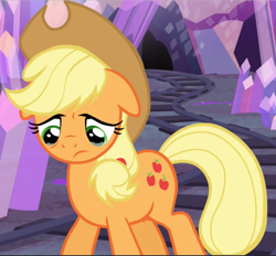 Size: 1015x941 | Tagged: safe, screencap, character:applejack, species:earth pony, species:pony, episode:hearthbreakers, g4, my little pony: friendship is magic, cropped, crying, female, floppy ears, mare, sad, solo, teary eyes