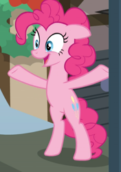 Size: 595x845 | Tagged: safe, screencap, character:pinkie pie, species:earth pony, species:pony, episode:hearthbreakers, g4, my little pony: friendship is magic, bipedal, cropped, female, floppy ears, hooves in air, mare, open mouth, smiling, solo, underhoof