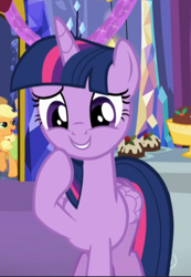 Size: 488x704 | Tagged: safe, screencap, character:applejack, character:twilight sparkle, character:twilight sparkle (alicorn), species:alicorn, species:earth pony, species:pony, episode:hearthbreakers, g4, my little pony: friendship is magic, cropped, cute, female, giggling, mare, open mouth, raised hoof, smiling, solo focus, twiabetes