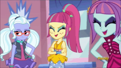 Size: 1920x1080 | Tagged: safe, screencap, character:rarity, character:sour sweet, character:sugarcoat, character:sunny flare, equestria girls:dance magic, g4, my little pony:equestria girls, animated, armpits, crystal prep academy, crystal prep shadowbolts, discovery family logo, evil laugh, freckles, glasses, laughing, pigtails, ponytail, shawl, sleeveless, sound, twintails, webm