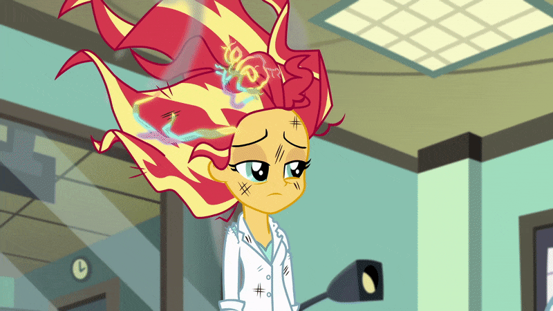 Size: 800x450 | Tagged: safe, screencap, character:sunset shimmer, episode:the science of magic, equestria girls:friendship games, g4, my little pony:equestria girls, animated, clipboard, clothing, coughing, faint, lab coat, messy hair, rainbow, smoke, solo, sunset the science gal