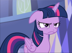 Size: 1269x941 | Tagged: safe, screencap, character:twilight sparkle, character:twilight sparkle (alicorn), species:alicorn, species:pony, episode:what about discord?, g4, my little pony: friendship is magic, annoyed, cropped, floppy ears, frown, narrowed eyes, solo, twilight is not amused, unamused