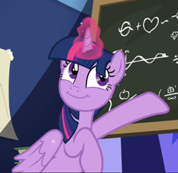 Size: 865x844 | Tagged: safe, screencap, character:twilight sparkle, character:twilight sparkle (alicorn), species:alicorn, species:pony, episode:the hooffields and mccolts, g4, my little pony: friendship is magic, chalkboard, cropped, cute, excited, faec, glowing horn, pointing, smiling, solo, twiabetes