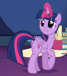 Size: 816x934 | Tagged: safe, screencap, character:twilight sparkle, character:twilight sparkle (alicorn), species:alicorn, species:pony, episode:the hooffields and mccolts, g4, my little pony: friendship is magic, book, cropped, cute, cutie mark, excited, female, glowing horn, magic, mare, raised hoof, smiling, solo, twiabetes, underhoof