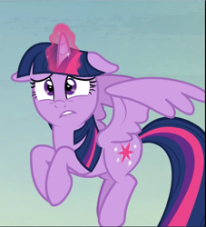 Size: 855x940 | Tagged: safe, screencap, character:twilight sparkle, character:twilight sparkle (alicorn), species:alicorn, species:pony, episode:the hooffields and mccolts, g4, my little pony: friendship is magic, cropped, floppy ears, flying, glowing horn, solo, worried