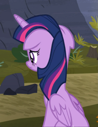 Size: 727x937 | Tagged: safe, screencap, character:twilight sparkle, character:twilight sparkle (alicorn), species:alicorn, species:pony, episode:the hooffields and mccolts, g4, my little pony: friendship is magic, cropped, failure, female, floppy ears, mare, rear view, sad, sitting, solo, sulking, upset