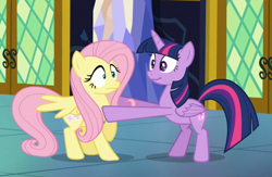 Size: 1032x674 | Tagged: safe, screencap, character:fluttershy, character:twilight sparkle, character:twilight sparkle (alicorn), species:alicorn, species:pegasus, species:pony, episode:the hooffields and mccolts, g4, my little pony: friendship is magic, duo, female, glowing cutie mark, mare, smiling, wide eyes