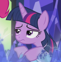 Size: 747x751 | Tagged: safe, screencap, character:twilight sparkle, character:twilight sparkle (alicorn), species:alicorn, species:pony, episode:the lost treasure of griffonstone, g4, my little pony: friendship is magic, bored, cropped, disappointed, female, frown, lidded eyes, looking up, map of equestria, mare, solo focus, unamused
