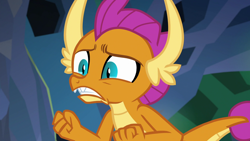 Size: 1920x1080 | Tagged: safe, screencap, character:smolder, species:dragon, episode:what lies beneath, g4, my little pony: friendship is magic, cringing, dragoness, female, fist, solo