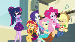 Size: 1920x1080 | Tagged: safe, screencap, character:applejack, character:fluttershy, character:pinkie pie, character:rainbow dash, character:rarity, character:sunset shimmer, character:twilight sparkle, character:twilight sparkle (scitwi), species:eqg human, episode:overpowered, g4, my little pony:equestria girls, geode of empathy, geode of sugar bombs, geode of super strength, geode of telekinesis, humane five, humane seven, humane six, magical geodes, sitting