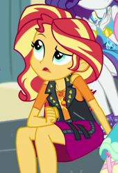 Size: 394x580 | Tagged: safe, screencap, character:fluttershy, character:rarity, character:sunset shimmer, episode:overpowered, g4, my little pony:equestria girls, cropped, geode of empathy, magical geodes, offscreen character, sitting