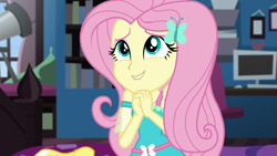 Size: 1920x1080 | Tagged: safe, screencap, character:fluttershy, episode:star crossed, g4, my little pony:equestria girls, cute, happy, lip bite, shyabetes, solo