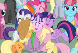 Size: 1386x940 | Tagged: safe, screencap, character:aloe, character:applejack, character:carrot cake, character:cheerilee, character:cup cake, character:derpy hooves, character:fluttershy, character:lily, character:lily valley, character:lotus blossom, character:lyra heartstrings, character:pinkie pie, character:rainbow dash, character:rarity, character:spike, character:starlight glimmer, character:sunshower raindrops, character:thunderlane, character:twilight sparkle, character:twilight sparkle (alicorn), species:alicorn, species:dragon, species:earth pony, species:pegasus, species:pony, species:unicorn, episode:the cutie re-mark, apron, baby, baby dragon, clothing, cropped, cute, cute cake, ear piercing, earring, eyes closed, female, floppy ears, group, group hug, hug, jewelry, looking at you, male, mane seven, mane six, mare, open mouth, piercing, s5 starlight, smiling, smiling at you