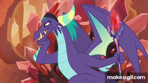 Size: 480x270 | Tagged: safe, screencap, character:gaius, species:dragon, episode:the hearth's warming club, g4, my little pony: friendship is magic, animated, blinking, bloodstone scepter, claw on chin, dragon crown, dragon lord, gif, makeagif.com, male, open mouth, spread wings, watermark, wings