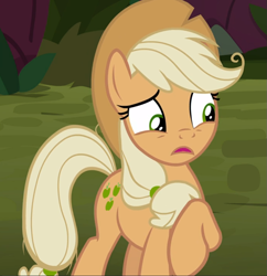 Size: 907x937 | Tagged: safe, screencap, character:mean applejack, species:earth pony, species:pony, episode:the mean 6, g4, my little pony: friendship is magic, clone, cropped, female, mare, open mouth, raised hoof, solo, worried