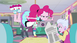 Size: 1920x1080 | Tagged: safe, screencap, character:lyra heartstrings, character:pinkie pie, episode:five stars, g4, my little pony:equestria girls, background human, ear piercing, earring, jewelry, jukebox, mission impossible, newspaper, offscreen character, piercing, roller skates, rope, server pinkie pie, track starr
