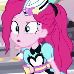 Size: 1077x1077 | Tagged: safe, screencap, character:pinkie pie, episode:five stars, g4, my little pony:equestria girls, apron, clothing, cropped, female, server pinkie pie, shop, waitress