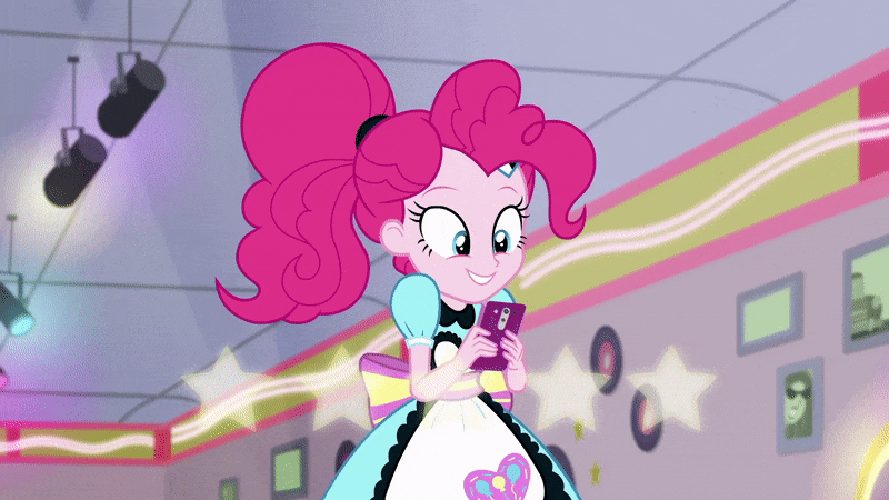 Size: 800x450 | Tagged: safe, screencap, character:pinkie pie, episode:five stars, g4, my little pony:equestria girls, >:d, animated, cellphone, female, happiness, happy, open mouth, phone, photo, ponytail, server pinkie pie, smiling, solo, sweet snacks cafe, triumph, victory, waitress