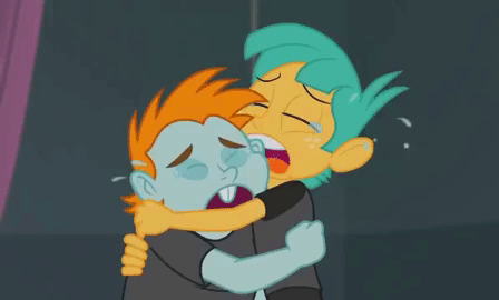 Size: 448x270 | Tagged: safe, screencap, character:snails, character:snips, episode:opening night, g4, my little pony:equestria girls, animated, crying, duo, eyes closed, gif, hug, male, opening night: sunset shimmer, teary eyes