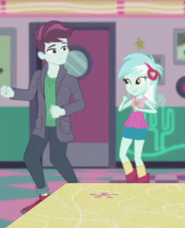 Size: 269x331 | Tagged: safe, screencap, character:lyra heartstrings, character:pinkie pie, episode:five stars, g4, my little pony:equestria girls, animated, background human, clothing, dancing, female, gif, humans standing next to each other, male, pants, sweet snacks cafe, track starr