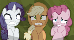 Size: 1592x863 | Tagged: safe, screencap, character:mean applejack, character:mean pinkie pie, character:mean rarity, species:pony, episode:the mean 6, g4, my little pony: friendship is magic, clone, scared, shadow, teeth, trio