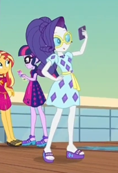 Size: 420x614 | Tagged: safe, screencap, character:rarity, character:sunset shimmer, character:twilight sparkle, equestria girls:spring breakdown, g4, my little pony:equestria girls, cellphone, cropped, feet, female, legs, new outfit, one eye closed, phone, pose, sandals, selfie, smartphone, tongue out, wink
