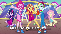 Size: 800x450 | Tagged: safe, screencap, character:applejack, character:fluttershy, character:pinkie pie, character:rainbow dash, character:rarity, character:sunset shimmer, character:twilight sparkle, character:twilight sparkle (scitwi), species:eqg human, episode:i'm on a yacht, g4, my little pony:equestria girls, alternate hairstyle, clothing, crossed arms, dress, eyes closed, feet, geode of empathy, geode of fauna, geode of sugar bombs, glasses, humane five, humane seven, humane six, legs, magical geodes, ponytail, pose, sandals, shoes, shorts, skirt, sleeveless, sunglasses, swag, tank top, yacht