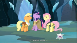 Size: 1366x768 | Tagged: safe, screencap, character:applejack, character:clover the clever, character:fluttershy, character:twilight sparkle, species:earth pony, species:pegasus, species:pony, species:unicorn, episode:hearth's warming eve, g4, my little pony: friendship is magic, appletwishy, eyes closed, female, floppy ears, hub logo, mare, private pansy, smart cookie, youtube caption