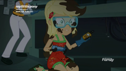 Size: 1136x640 | Tagged: safe, screencap, character:applejack, equestria girls:spring breakdown, g4, my little pony:equestria girls, covered in soot, shocked expression, sleeveless, walkie talkie
