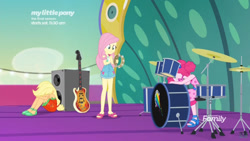 Size: 1280x720 | Tagged: safe, screencap, character:applejack, character:fluttershy, character:pinkie pie, equestria girls:spring breakdown, g4, my little pony:equestria girls, bass guitar, cymbal, drum kit, drums, feet, musical instrument, sandals, sleeveless, speaker, tambourine