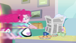 Size: 1920x1080 | Tagged: safe, screencap, character:pinkie pie, episode:five stars, g4, my little pony:equestria girls, coffee, coffee mug, fast, food, great moments in animation, motion blur, mug, newspaper, pancakes, pie, roller skates, server pinkie pie, smear frame, sour persimmon, syrup, waffle