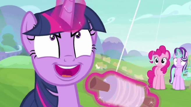 Size: 656x368 | Tagged: safe, screencap, character:pinkie pie, character:starlight glimmer, character:twilight sparkle, character:twilight sparkle (alicorn), species:alicorn, species:earth pony, species:pony, species:unicorn, episode:starlight the hypnotist, animated, crazy face, faec, gif, glowing horn, magic, telekinesis, twilight snapple