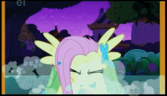 Size: 340x197 | Tagged: safe, screencap, character:fluttershy, species:pegasus, species:pony, episode:the best night ever, g4, my little pony: friendship is magic, season 1, animated, artifact, ei, female, flutterrage, gif, glare, gritted teeth, hub logo, looking at you, mare, open mouth, panting, pony pokey, rage, sin of wrath, solo, spread wings, watermark, wings, yandere, yelling, you're going to love me