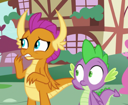 Size: 1099x900 | Tagged: safe, screencap, character:smolder, character:spike, species:dragon, episode:father knows beast, g4, my little pony: friendship is magic, cropped, dragoness, female, wide eyes