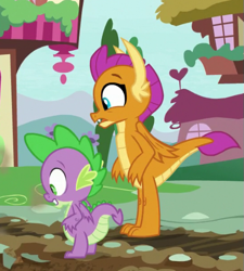 Size: 469x520 | Tagged: safe, screencap, character:smolder, character:spike, species:dragon, episode:father knows beast, g4, my little pony: friendship is magic, cropped, dragoness, female, male