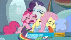 Size: 1280x720 | Tagged: safe, screencap, character:fluttershy, character:pinkie pie, character:rainbow dash, character:rarity, character:tank, episode:tanks for the memories, g4, my little pony: friendship is magic, bed, card, clothing, crying, dashie slippers, mirror, pillow, shoes, slippers, tank slippers, tortoise