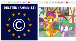 Size: 502x274 | Tagged: safe, screencap, character:smolder, character:spike, species:dragon, derpibooru, episode:father knows beast, g4, my little pony: friendship is magic, april fools, april fools 2019, article 13, dragoness, female, juxtaposition, male, meta, ponyville, wide eyes, winged spike