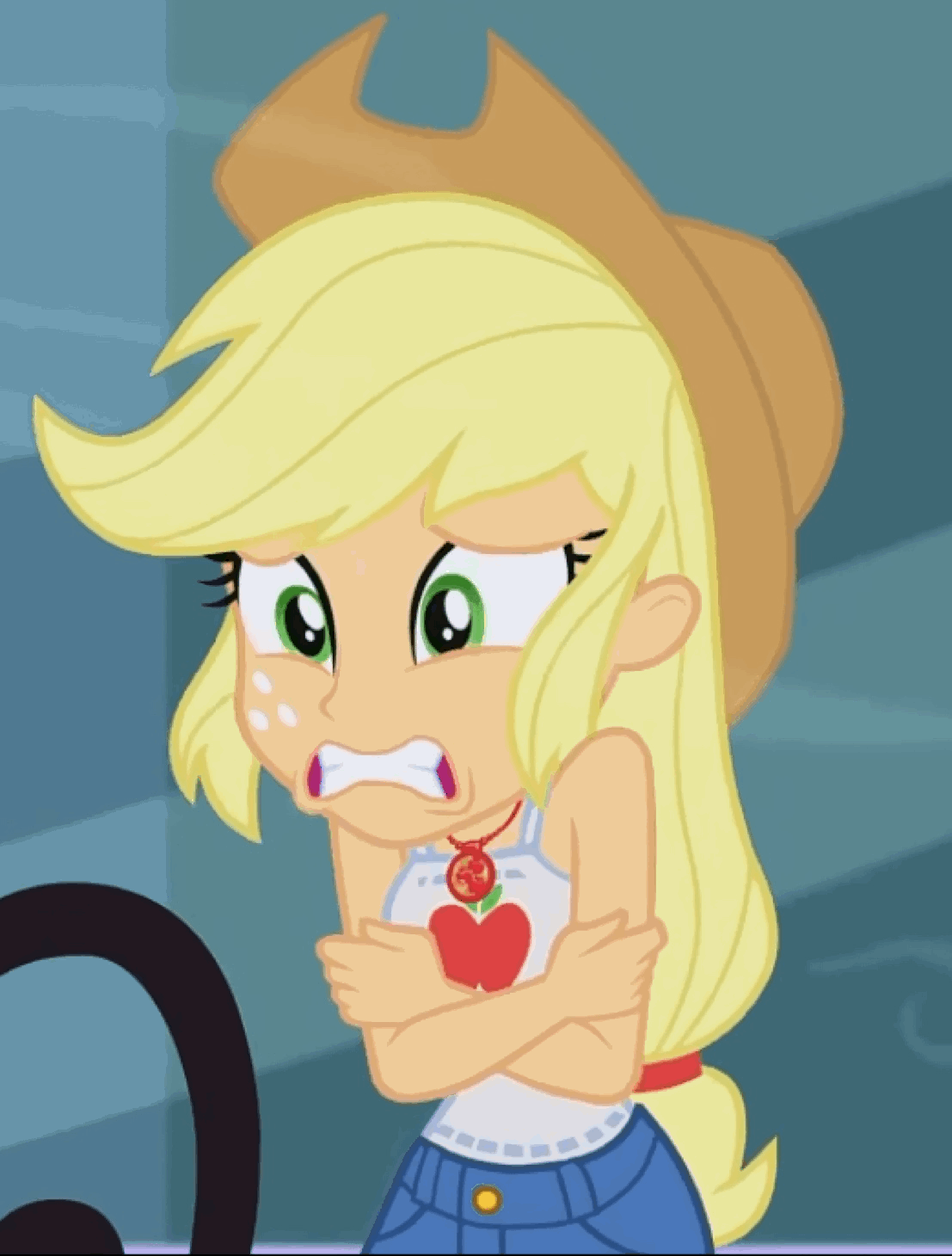 Size: 1107x1460 | Tagged: safe, screencap, character:applejack, episode:street chic, g4, my little pony:equestria girls, animated, chattering teeth, cold, cropped, cute, freezing, gif, jackabetes, shivering, sleeveless, solo, wind blowing