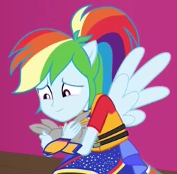Size: 457x448 | Tagged: safe, screencap, character:rainbow dash, species:rabbit, equestria girls:spring breakdown, g4, my little pony:equestria girls, babies, baby, cropped, cute, dashabetes, holding, smiling