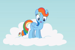 Size: 1106x733 | Tagged: safe, artist:agrol, screencap, character:rainbow dash, character:rarity, species:pegasus, species:pony, alternate hairstyle, body swap, cloud, cute, dashabetes, eye swap, female, happy, let's switch bodies, mare, raribetes, smiling, solo, standing on a cloud