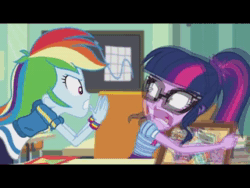 Size: 320x240 | Tagged: safe, screencap, character:rainbow dash, character:twilight sparkle, character:twilight sparkle (scitwi), species:eqg human, episode:the last day of school, g4, my little pony:equestria girls, ah, animated, black bars, canterlot high, chair, classroom, glasses, graph, jewelry, pendant, ponytail, school, sound, webm