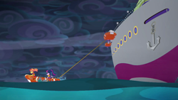 Size: 1920x1080 | Tagged: safe, screencap, character:sunset shimmer, character:twilight sparkle, equestria girls:spring breakdown, g4, my little pony:equestria girls, anchor, boat, cruise ship, dark, lifejacket, ocean, oops, rope, stuck, tether