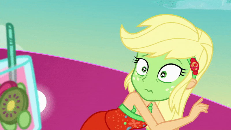 Size: 800x450 | Tagged: safe, screencap, character:applejack, character:pinkie pie, equestria girls:spring breakdown, g4, my little pony:equestria girls, animated, clothing, cup, dress, drink, glass, green face, kiwi fruit, puffy cheeks, punch (drink), punch bowl, seasickness, sleeveless, straw
