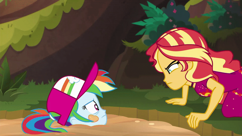 Size: 800x450 | Tagged: safe, screencap, character:rainbow dash, character:sunset shimmer, equestria girls:spring breakdown, g4, my little pony:equestria girls, animated, clothing, dress, eye contact, frown, geode of empathy, glare, glow, gritted teeth, hat, looking at each other, magical geodes, out of context, pushing, quicksand, scared, sparkles, wat, wide eyes