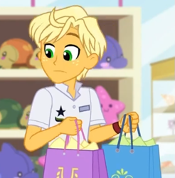Size: 581x591 | Tagged: safe, screencap, character:ragamuffin, equestria girls:spring breakdown, g4, my little pony:equestria girls, arms, clothing, cropped, freckles, male, ragamuffin (equestria girls), shopping bags