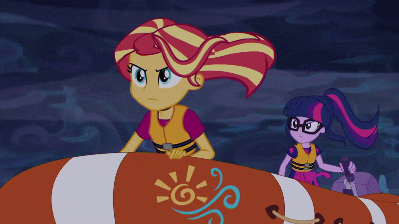Size: 800x450 | Tagged: safe, screencap, character:sunset shimmer, character:twilight sparkle, character:twilight sparkle (scitwi), species:eqg human, equestria girls:spring breakdown, g4, my little pony:equestria girls, animated, boat, gif, lifeboat, lifejacket, ocean, windswept mane